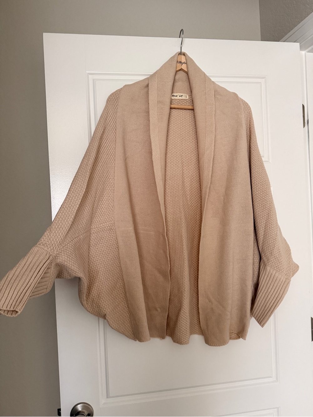 Open-Front Taupe Knit Cardigan Sweater